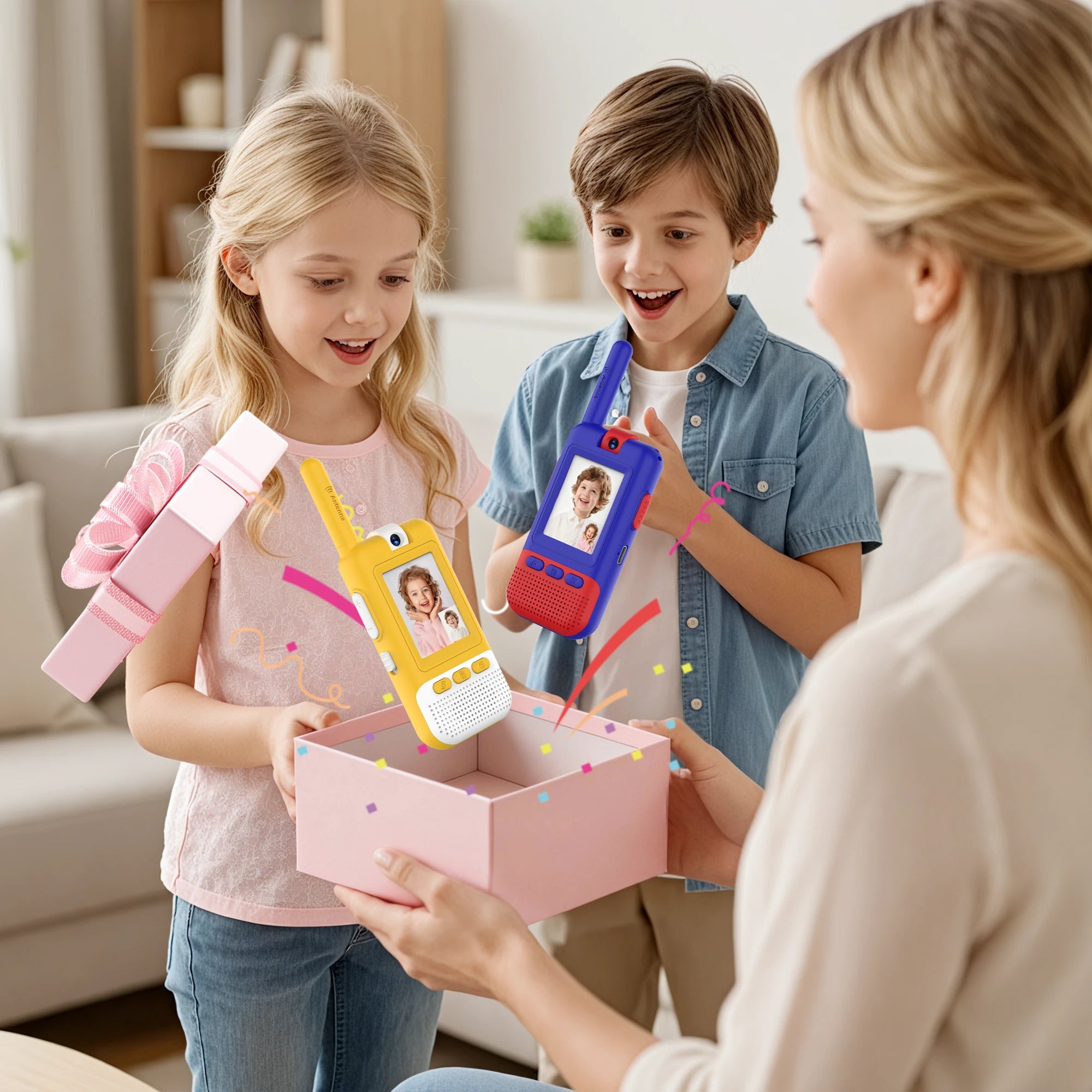 Kael smart video walkie-talkie in yellow and blue, the perfect birthday gift for kids. Features a crystal-clear HD screen and premium speakers for interactive play