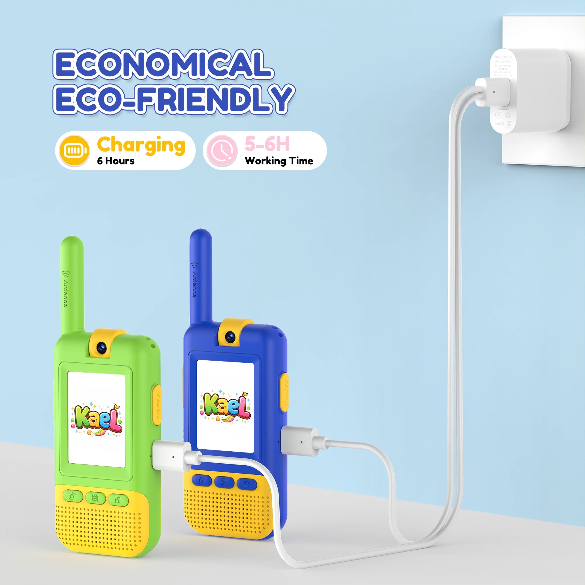 Kael video walkie talkies in green and blue, featuring dual USB-C charging for two devices at once, with a 6-hour charge providing 5-6 hours of playtime