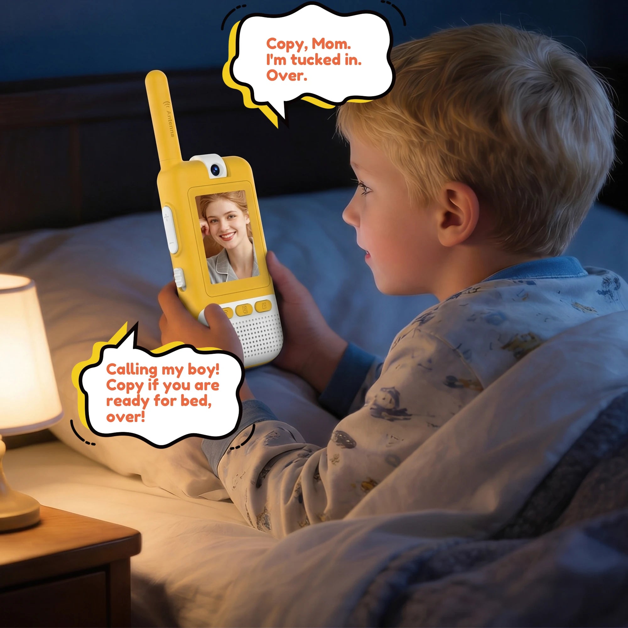 Yellow Kael HD video walkie-talkie providing nighttime comfort and secure, real-time communication between kids and parents at bedtime