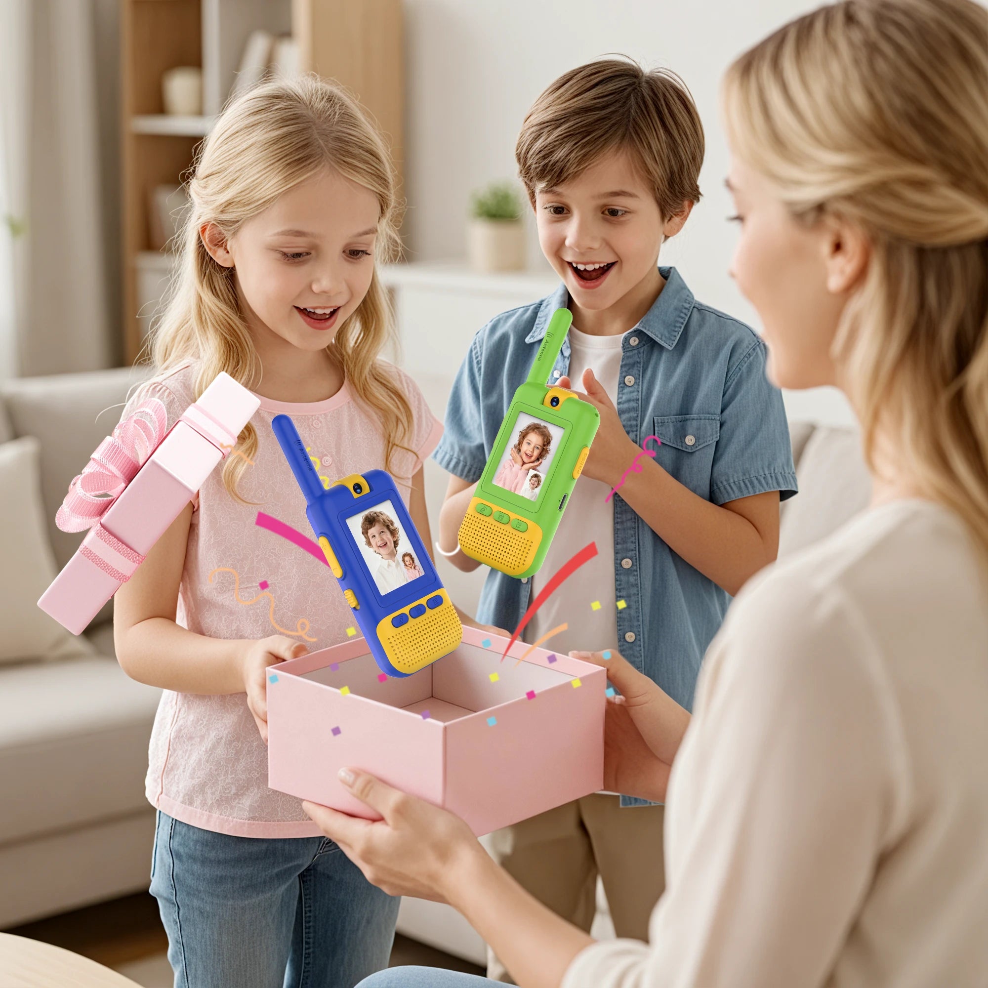 Kael HD video walkie-talkies in blue and green, an interactive gift for kids featuring a clear display for real-time video communication