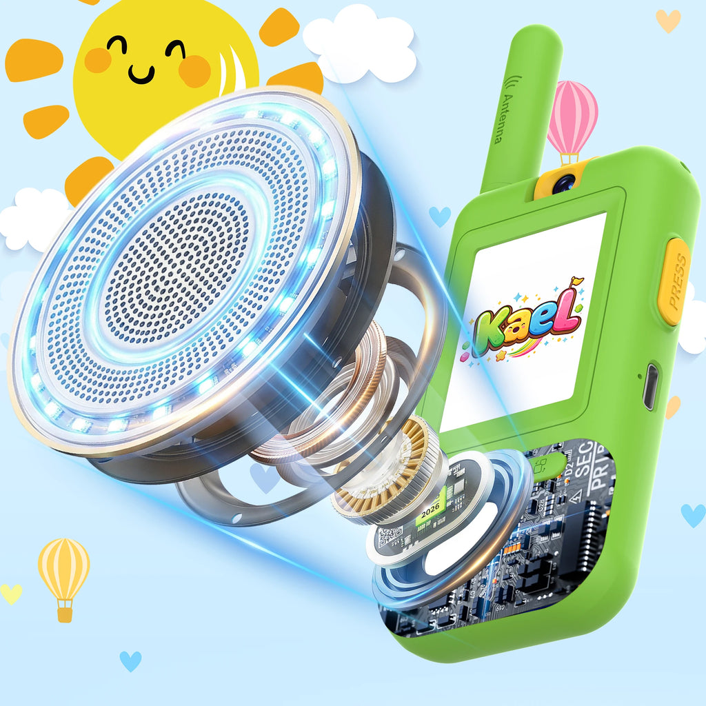 "Kael HD video walkie-talkies in green and blue, featuring a Hi-Fi speaker and HD mic for crystal-clear, transparent, and secure two-way video communication for kids