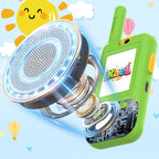 "Kael HD video walkie-talkies in green and blue, featuring a Hi-Fi speaker and HD mic for crystal-clear, transparent, and secure two-way video communication for kids