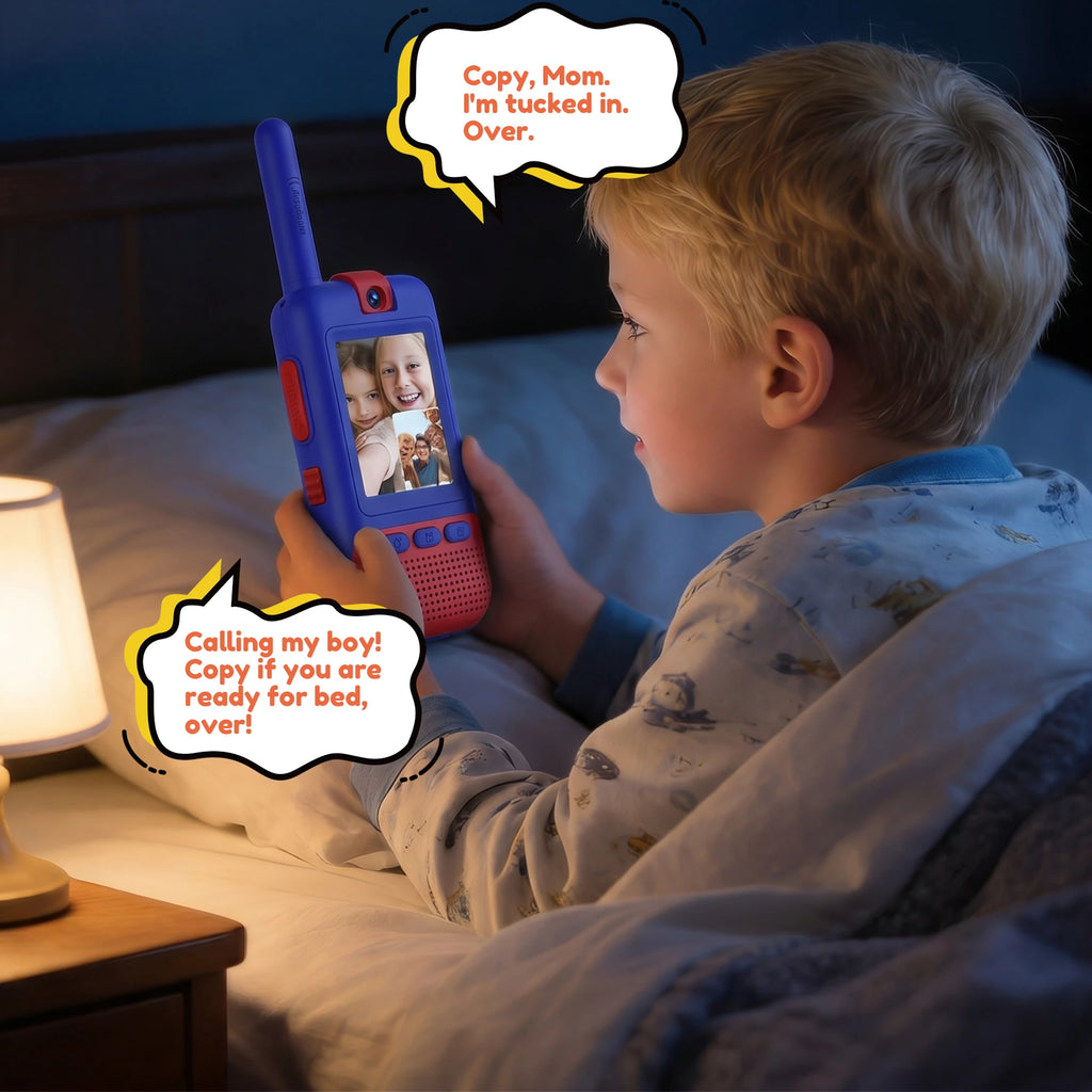 Kael HD video walkie-talkie in blue and yellow, providing nighttime comfort and security for kids to communicate with parents at bedtime.