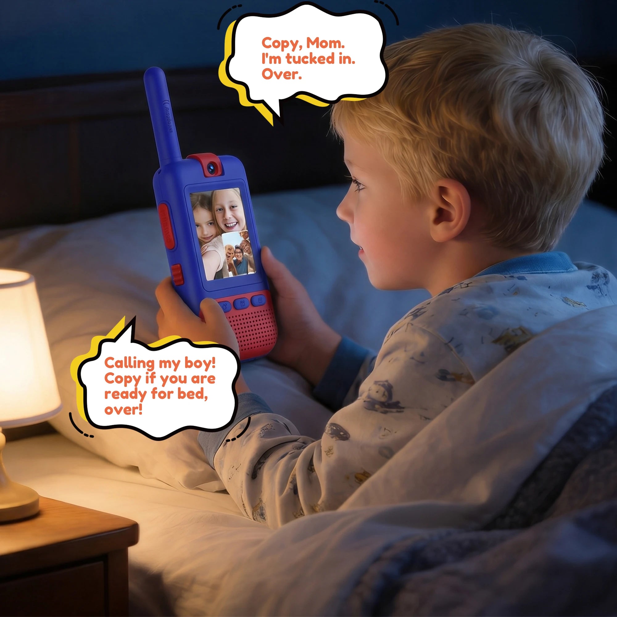 Kael HD video walkie-talkie in blue and yellow, providing nighttime comfort and security for kids to communicate with parents at bedtime.
