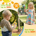 Kael HD video walkie-talkies in blue and yellow, featuring an indoor communication range of up to 120M and an open range of up to 365M for kids