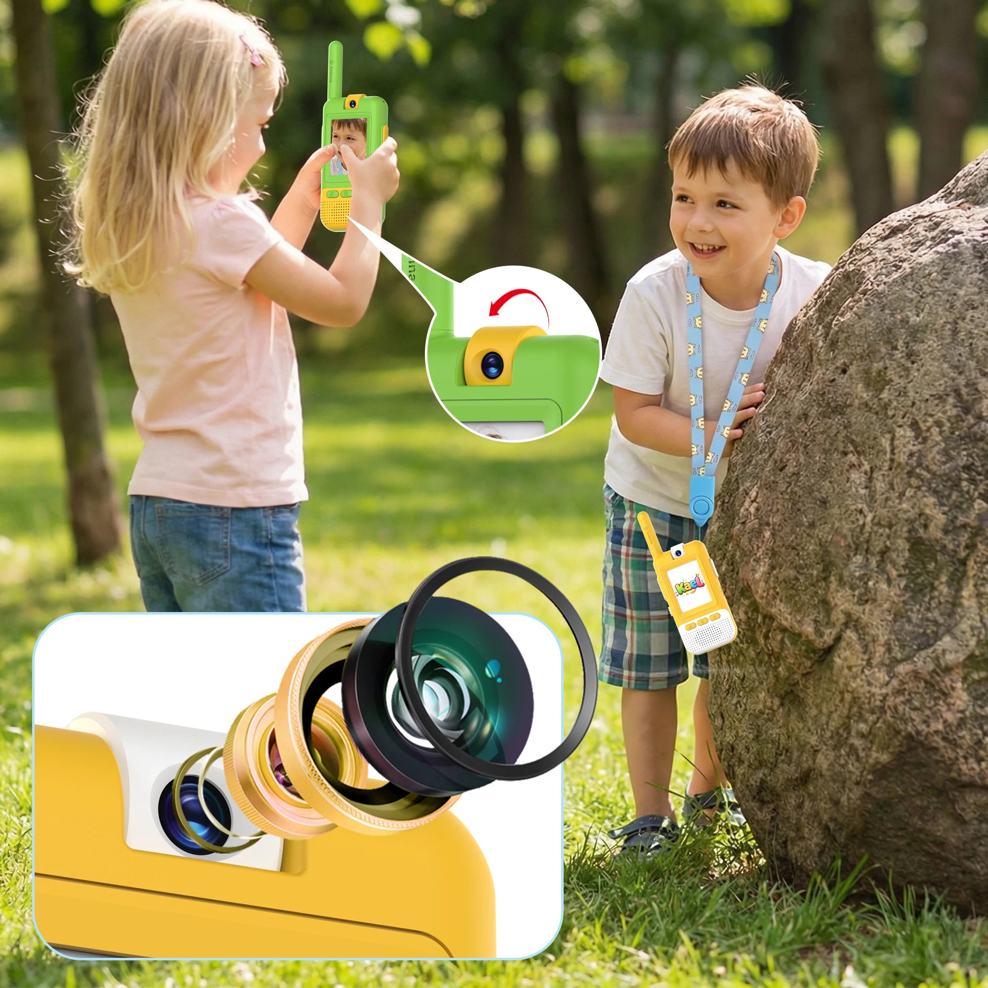 Kael HD video walkie-talkie in yellow and green featuring a rotatable camera for clear, real-time video calls between kids
