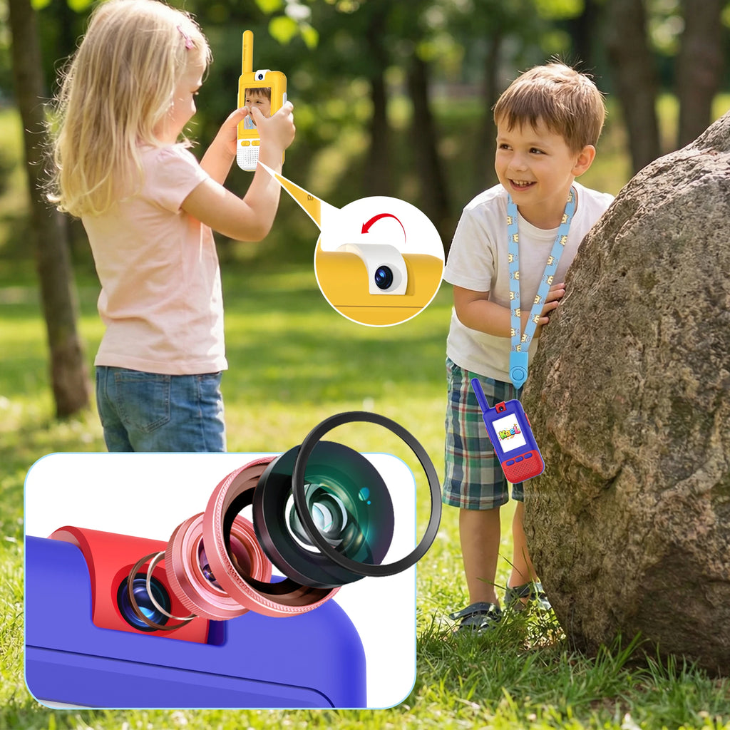 Kael HD video walkie-talkie in yellow and blue, featuring a rotatable rear-view camera for clear, real-time video calls between kids.
