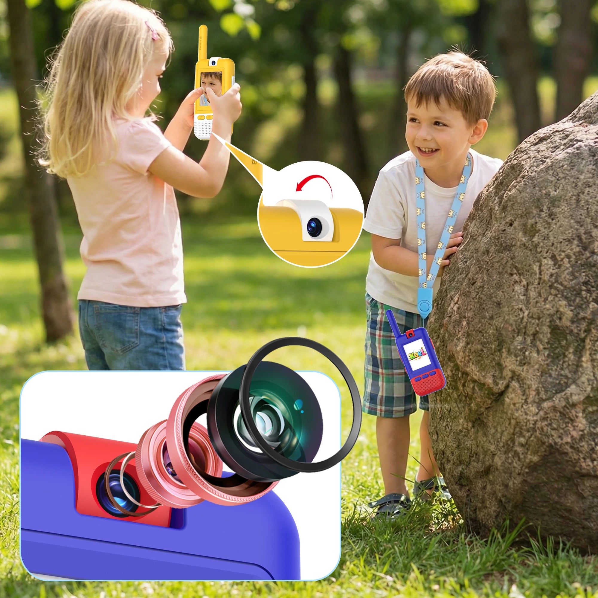 Kael HD video walkie-talkie in yellow and blue, featuring a rotatable rear-view camera for clear, real-time video calls between kids.
