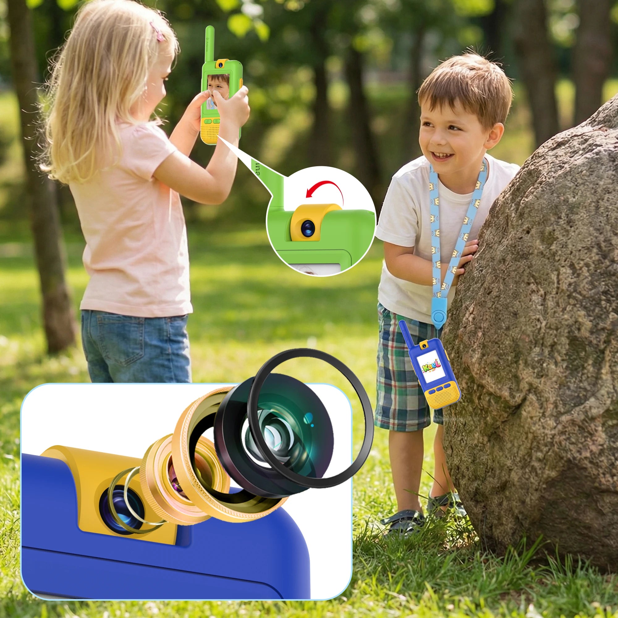 Kael HD video walkie talkies in blue and green, featuring a rotatable rear-view camera for clear, real-time video calls between kids
