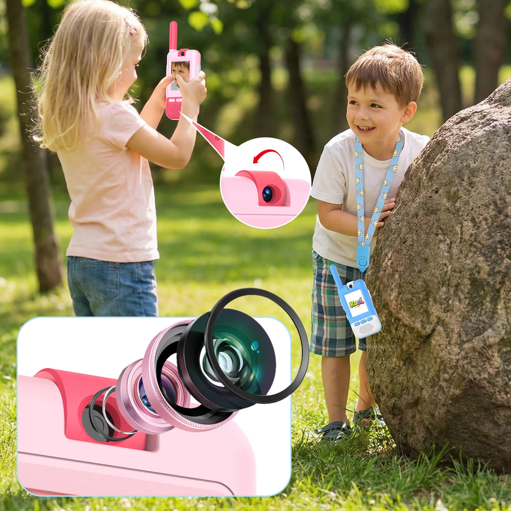 Kael HD video walkie talkie featuring a rotatable rear-view camera for clear, real-time video calls between kids
