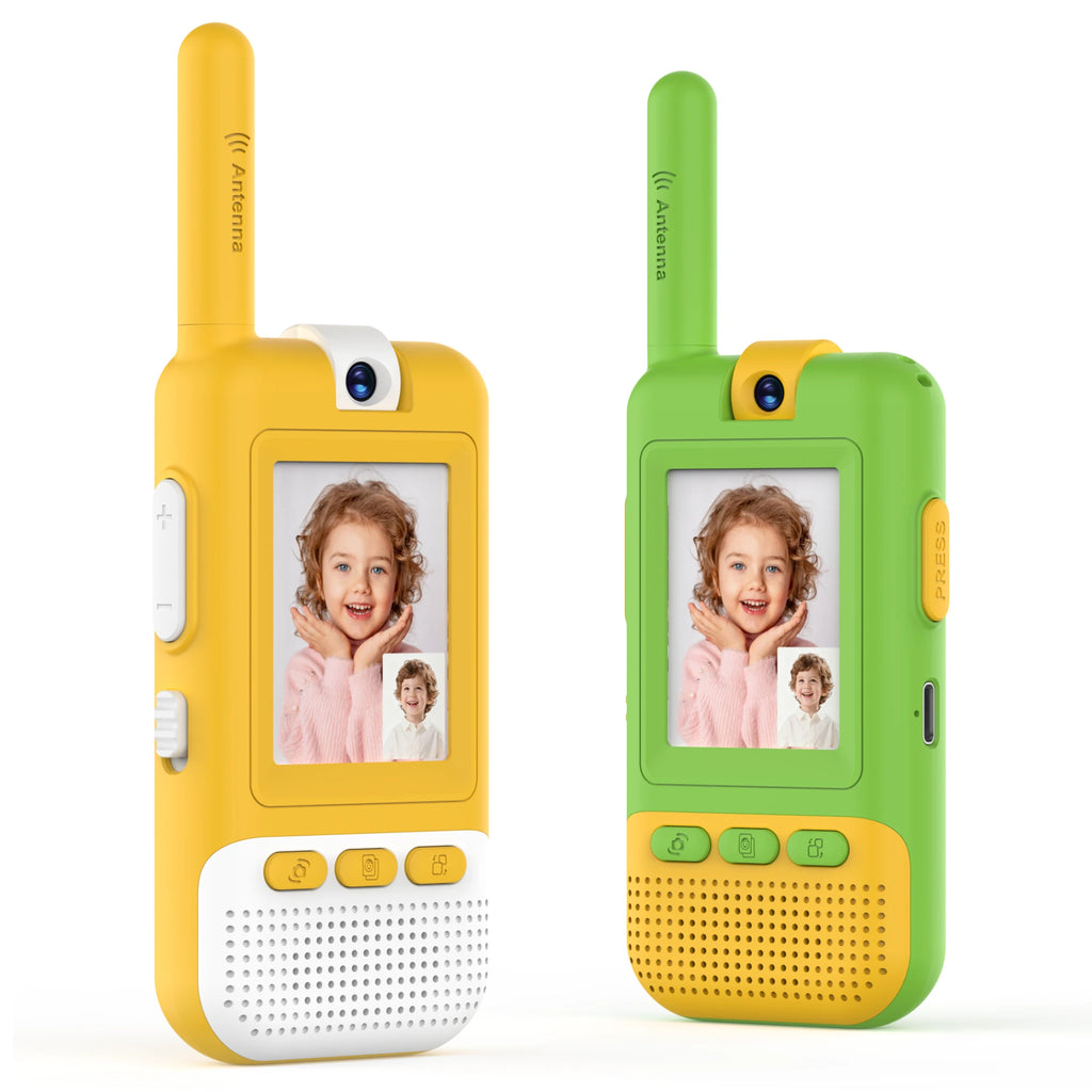 Side view of Kael HD video walkie-talkies in blue and green, showcasing accessible volume controls, the push-to-talk button, and a convenient USB-C charging port