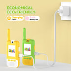 Kael HD video walkie-talkies in yellow and green with a 2-in-1 charging cable, supporting simultaneous charging for 5-6 hours of continuous playtime
