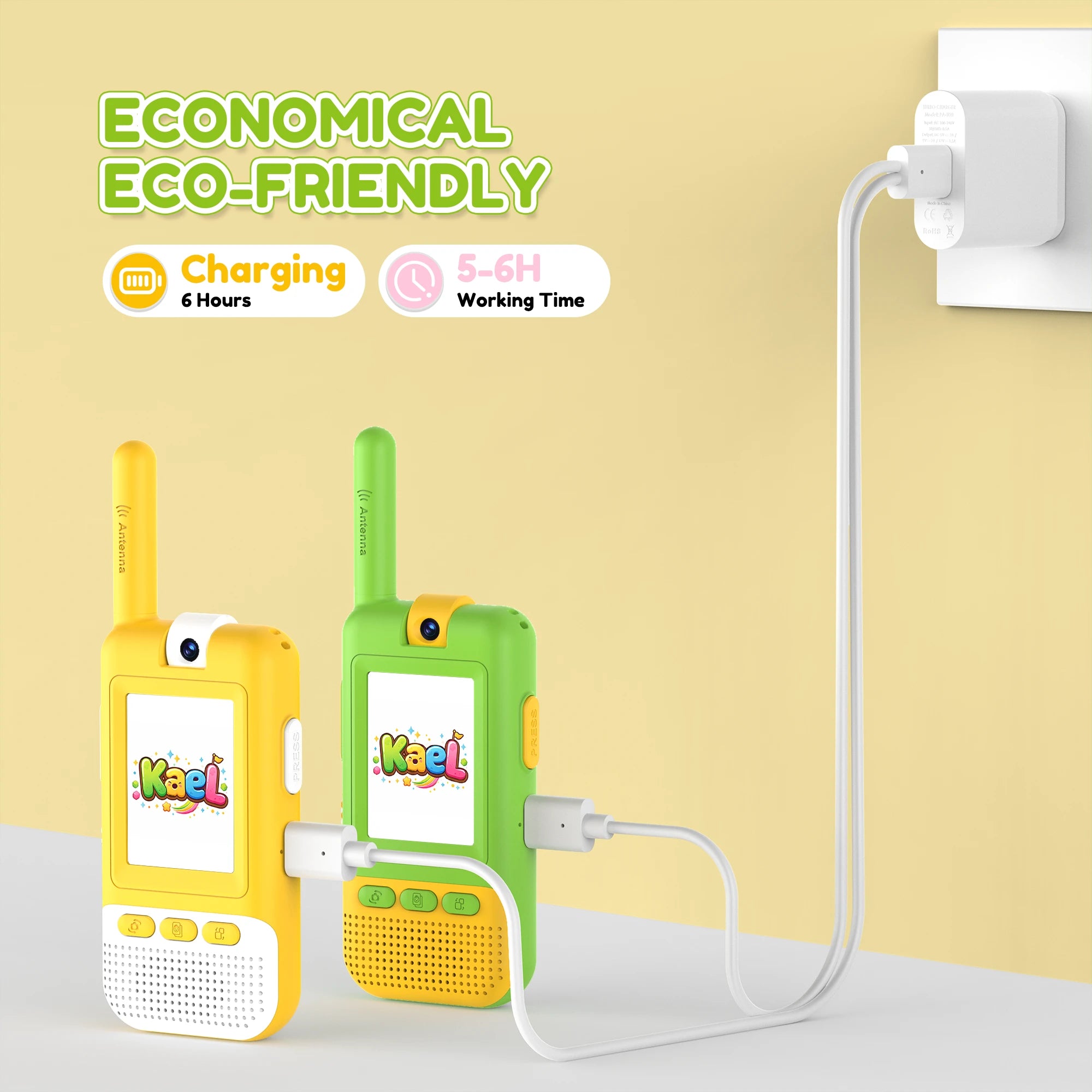 Kael HD video walkie-talkies in yellow and green with a 2-in-1 charging cable, supporting simultaneous charging for 5-6 hours of continuous playtime