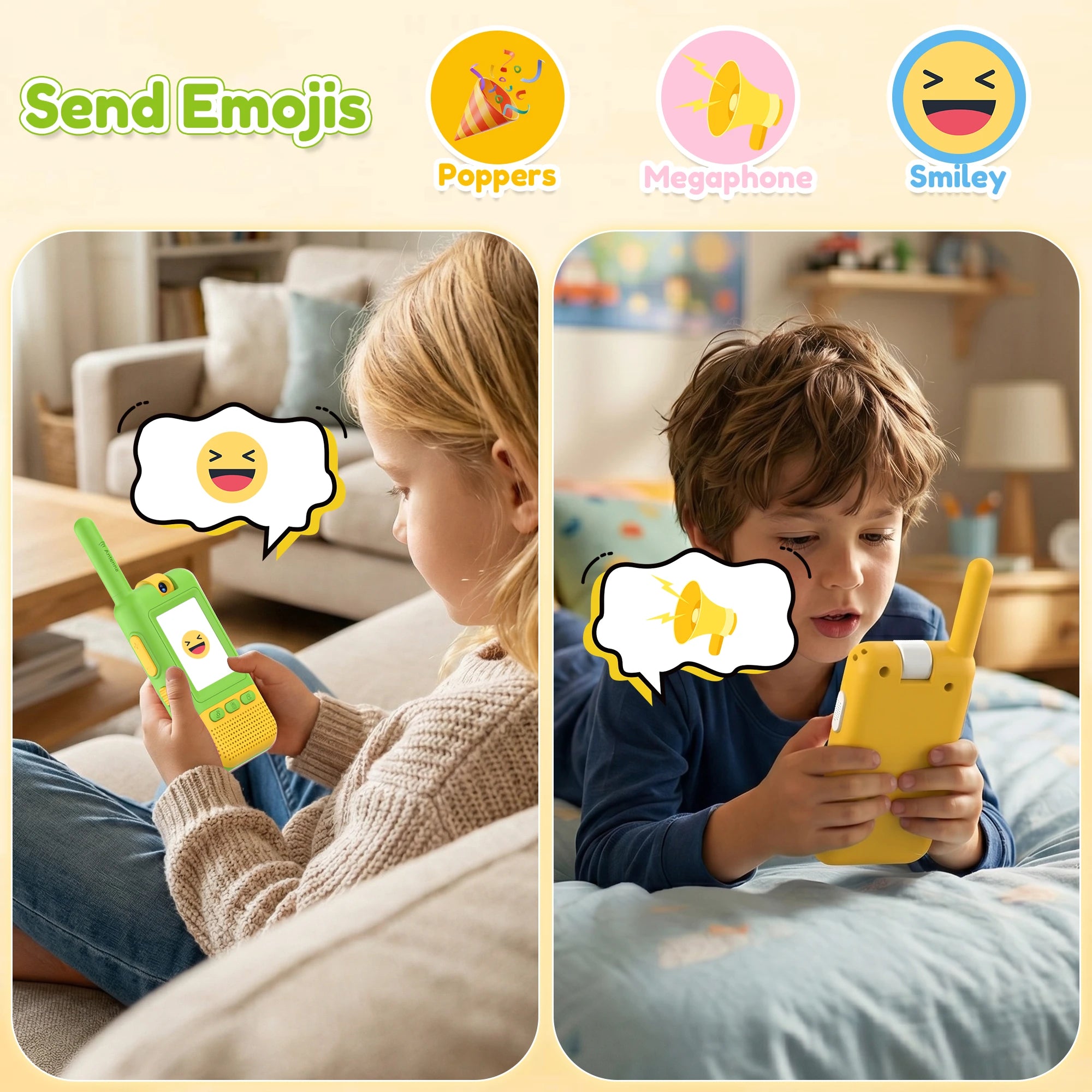 Yellow and green Kael kids' video walkie-talkies featuring interactive emojis, such as poppers and smiley faces, and fun sound effects for engaging communication