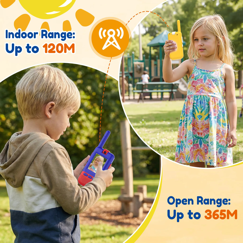 Lifestyle shot of Kael kids video walkie-talkies in yellow and blue, highlighting signal range features, showing indoor range up to 120M and open range up to 365M for outdoor play