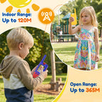 Lifestyle shot of Kael kids video walkie-talkies in yellow and blue, highlighting signal range features, showing indoor range up to 120M and open range up to 365M for outdoor play