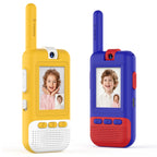 w of Kael kids video walkie-talkie showing the volume control, push-to-talk button, and Type-C charging port in yellow and blue color scheme