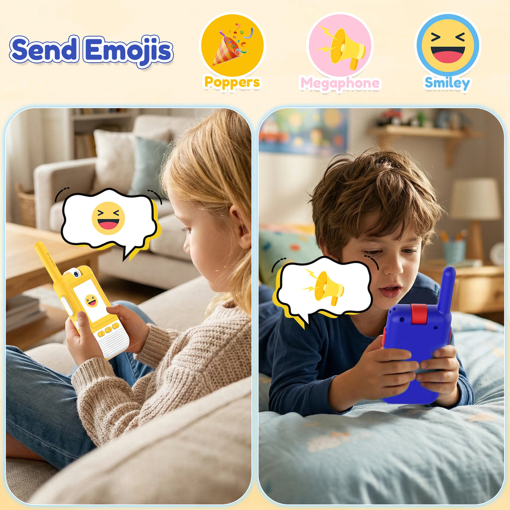 Kael smart walkie-talkies for kids in yellow and blue, featuring interactive emojis and fun sound effects for engaging, creative communication