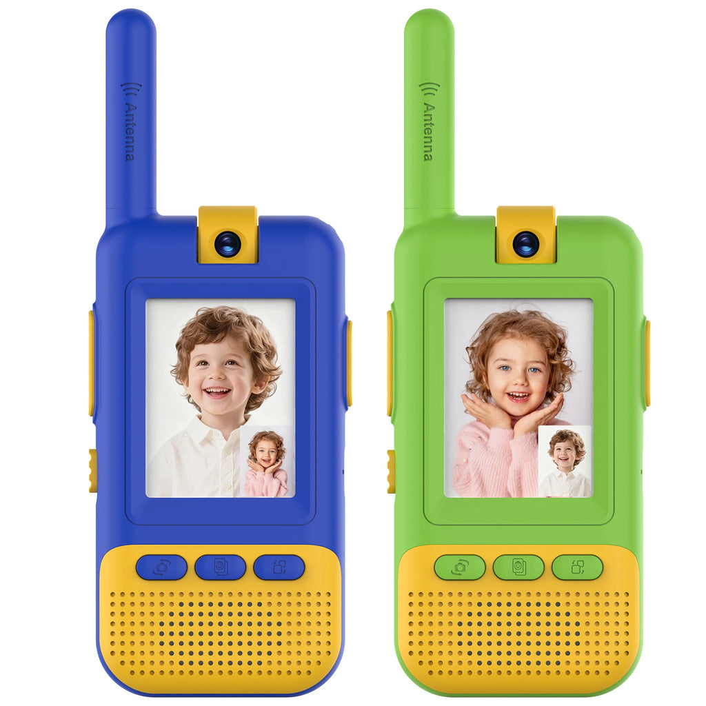 Blue and green Kael video walkie talkies with a rotatable camera for easy switching between selfie and rear-view modes for kids.