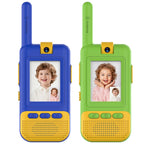 Blue and green Kael video walkie talkies with a rotatable camera for easy switching between selfie and rear-view modes for kids.
