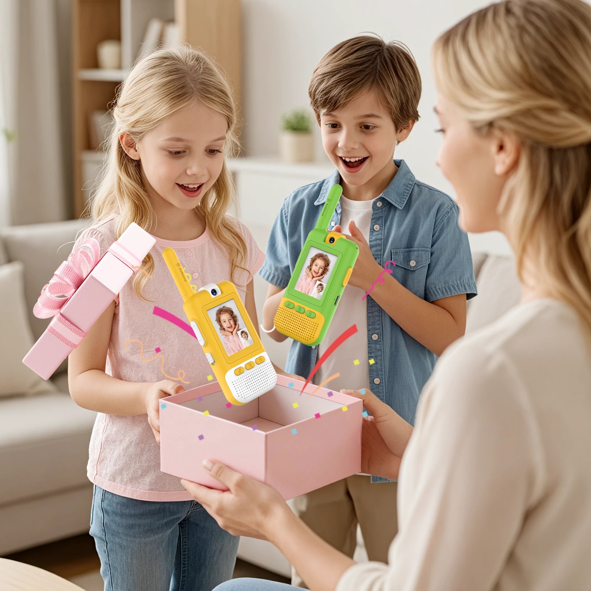 Kael smart video walkie-talkies in yellow and green as a perfect birthday gift for kids, featuring an HD screen for engaging and interactive play
