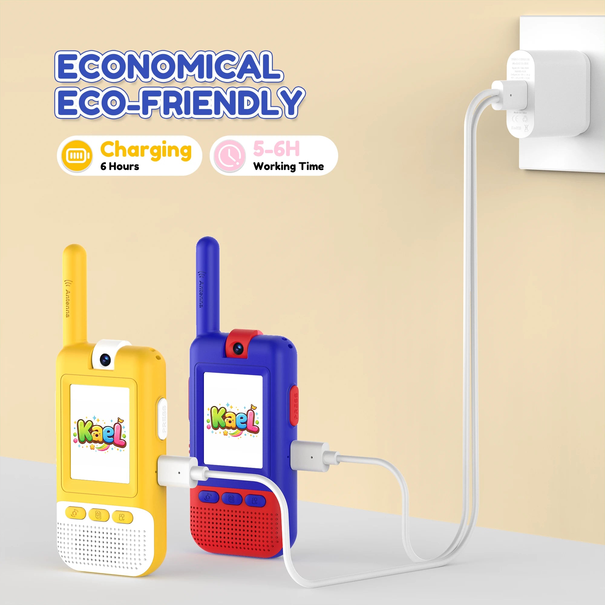 Kael video walkie-talkie in blue and yellow, featuring dual USB-C charging for 2 devices at once, 6-hour charge, and 5-6 hours of playtime