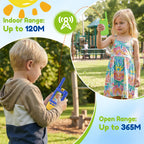 Kael video walkie-talkies in yellow and blue, featuring a 120m indoor and 365m outdoor communication range for interactive and reliable play for kids