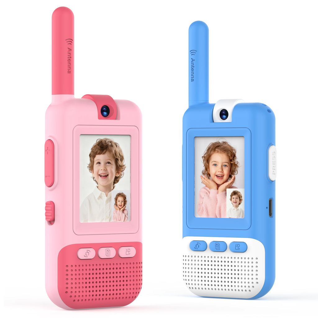 Side view of Kael kids video walkie-talkie showing the volume control, push-to-talk button, and Type-C charging port