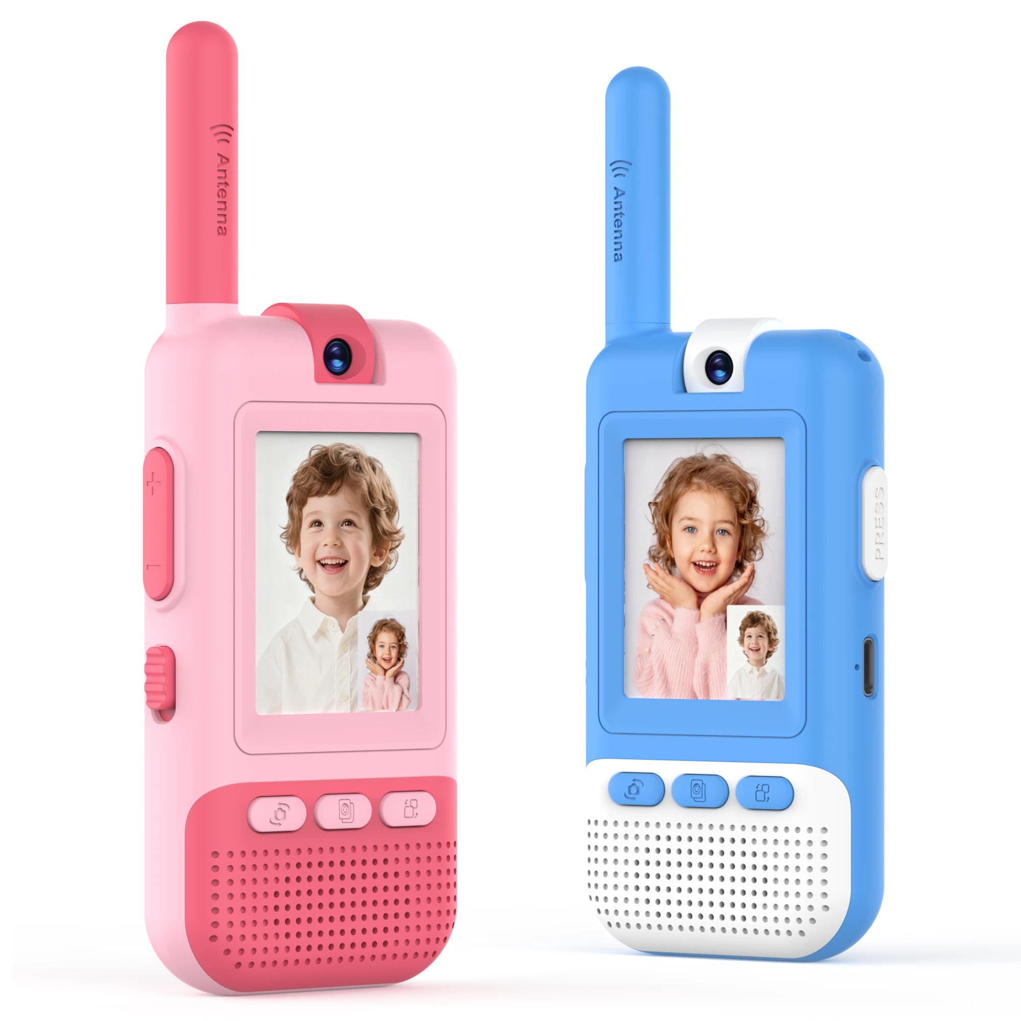 Side view of Kael kids video walkie-talkie showing the volume control, push-to-talk button, and Type-C charging port