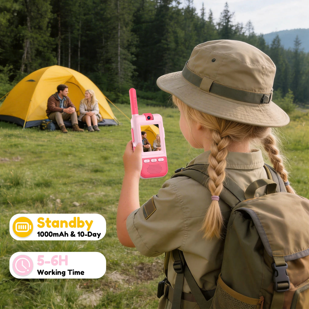 Kael video walkie talkie: 1000mAh battery providing 10-day standby and 5-6 hours of continuous playtime for kids
