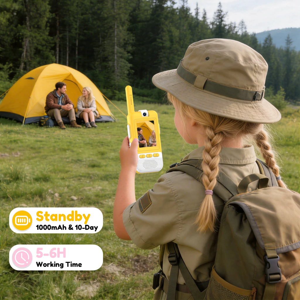 Kael walkie-talkie in yellow and blue, featuring a 1000mAh rechargeable battery with 10-day standby and 5-6 hours of continuous video calling time.