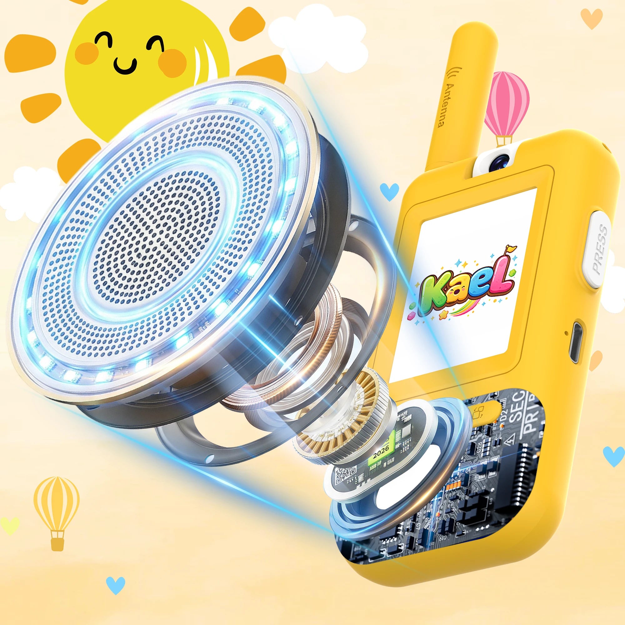 Kael smart walkie-talkie in yellow and blue, featuring a Hi-Fi speaker and HD mic for crystal-clear, transparent, and secure two-way communication