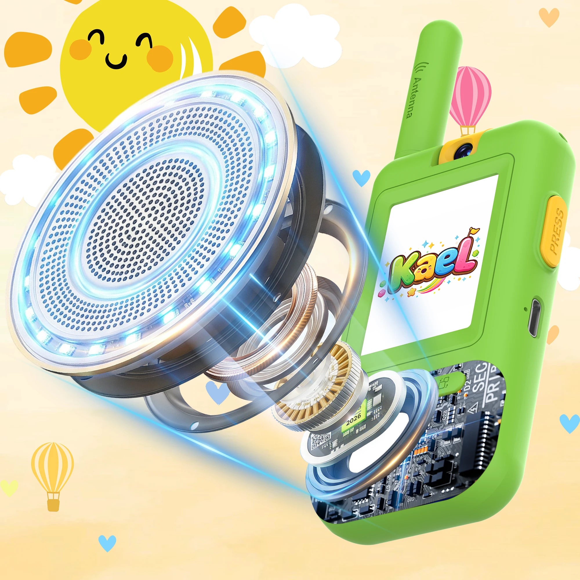 Yellow and green Kael smart walkie-talkie featuring a Hi-Fi speaker and HD mic for crystal-clear, transparent, and secure two-way communication