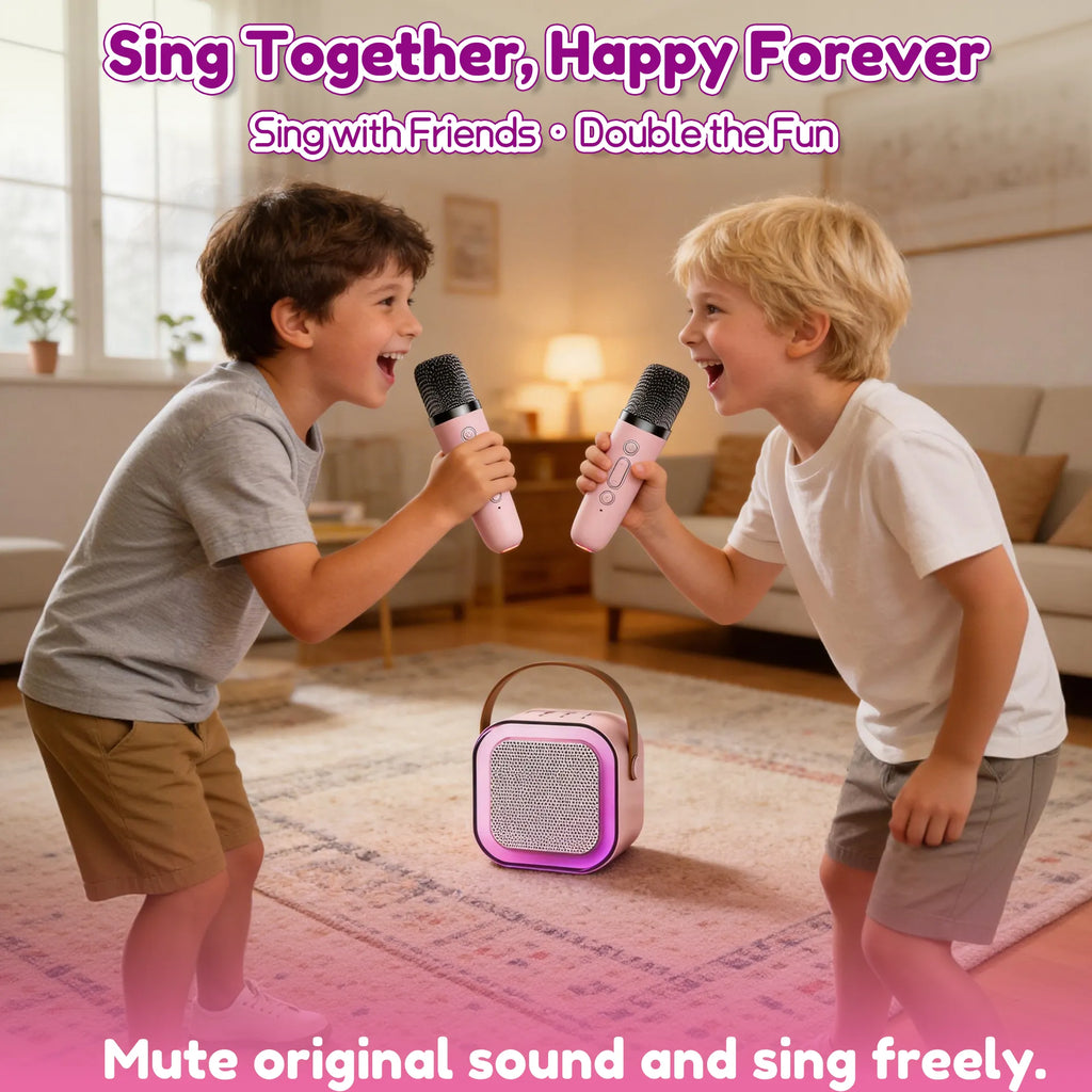 Two boys singing with wireless microphones and a kids karaoke machine with original sound mute mode.