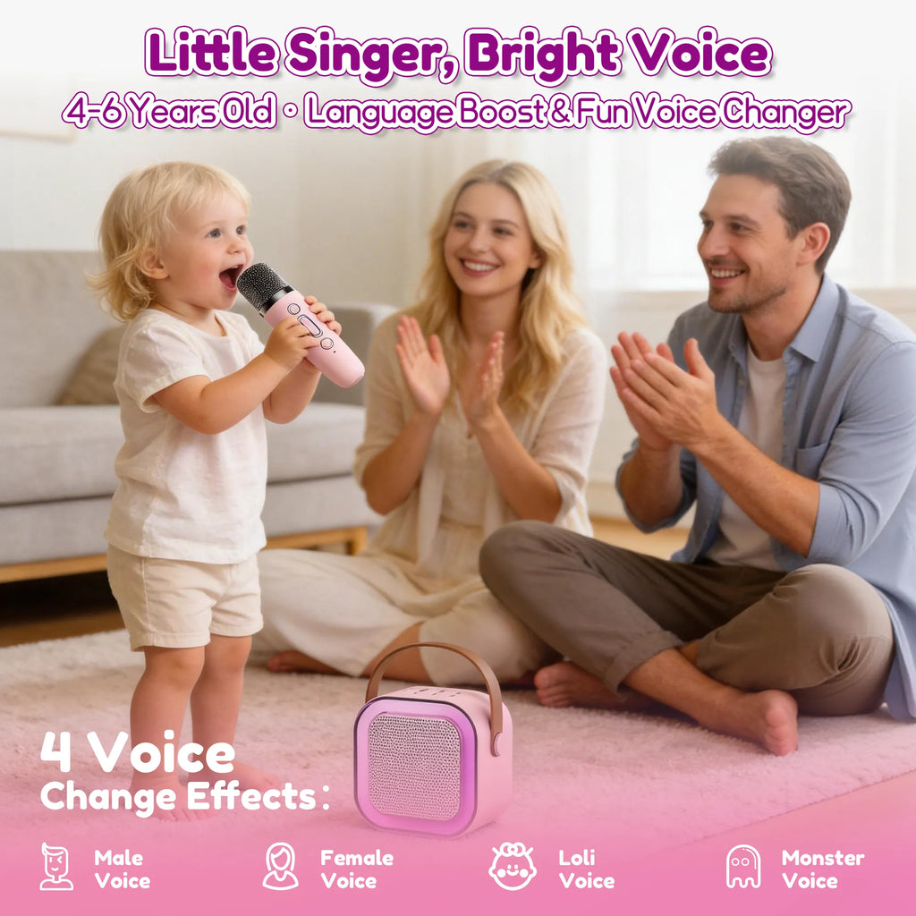 Toddler singing with a kids karaoke microphone and 4 voice-changing effects while parents cheer.