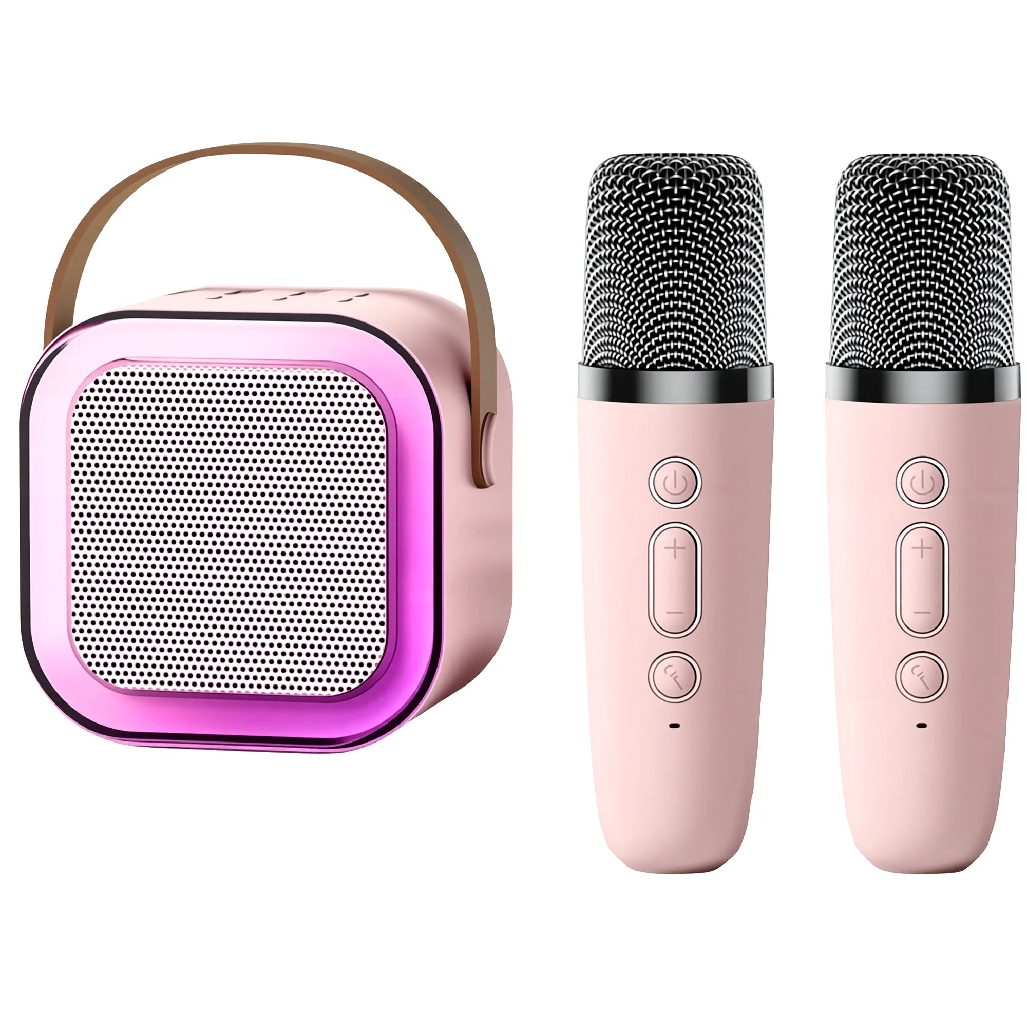 Kids karaoke machine with 2 wireless microphones and pink Bluetooth speaker on white background