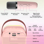 Kids karaoke machine controls showing microphone buttons, voice effects, ports, and Type-C charging.