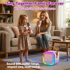 Family singing together with wireless microphones and a kids karaoke machine for home karaoke fun.