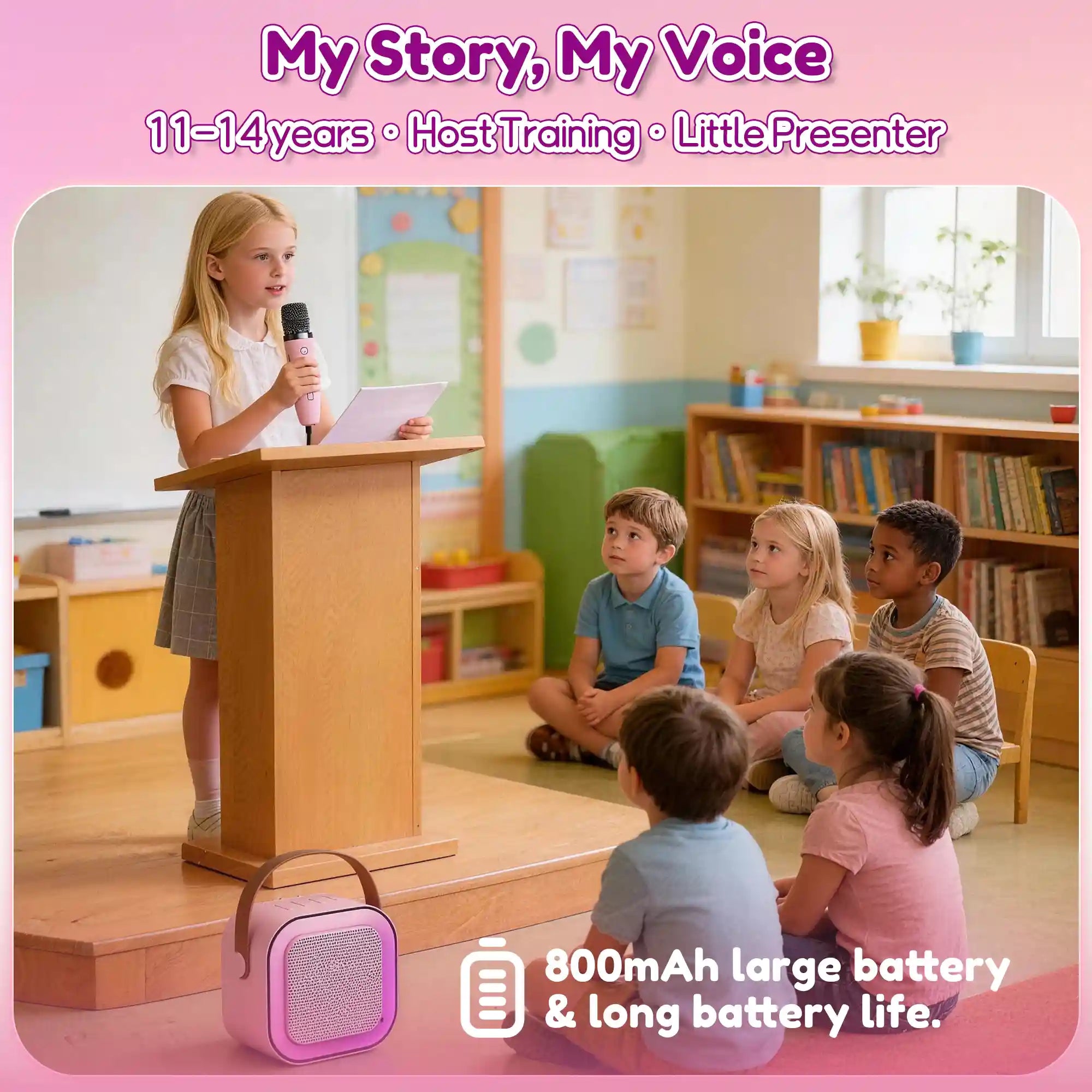 Girl practicing public speaking with a kids karaoke machine featuring a long-lasting 800mAh battery.