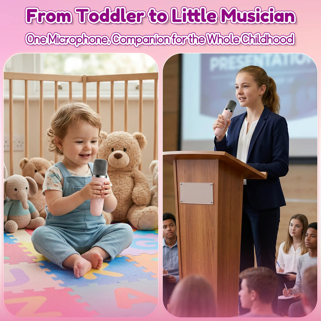 Child using a kids karaoke microphone from toddler play to public speaking practice.