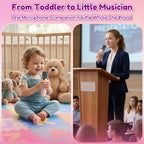 Child using a kids karaoke microphone from toddler play to public speaking practice.