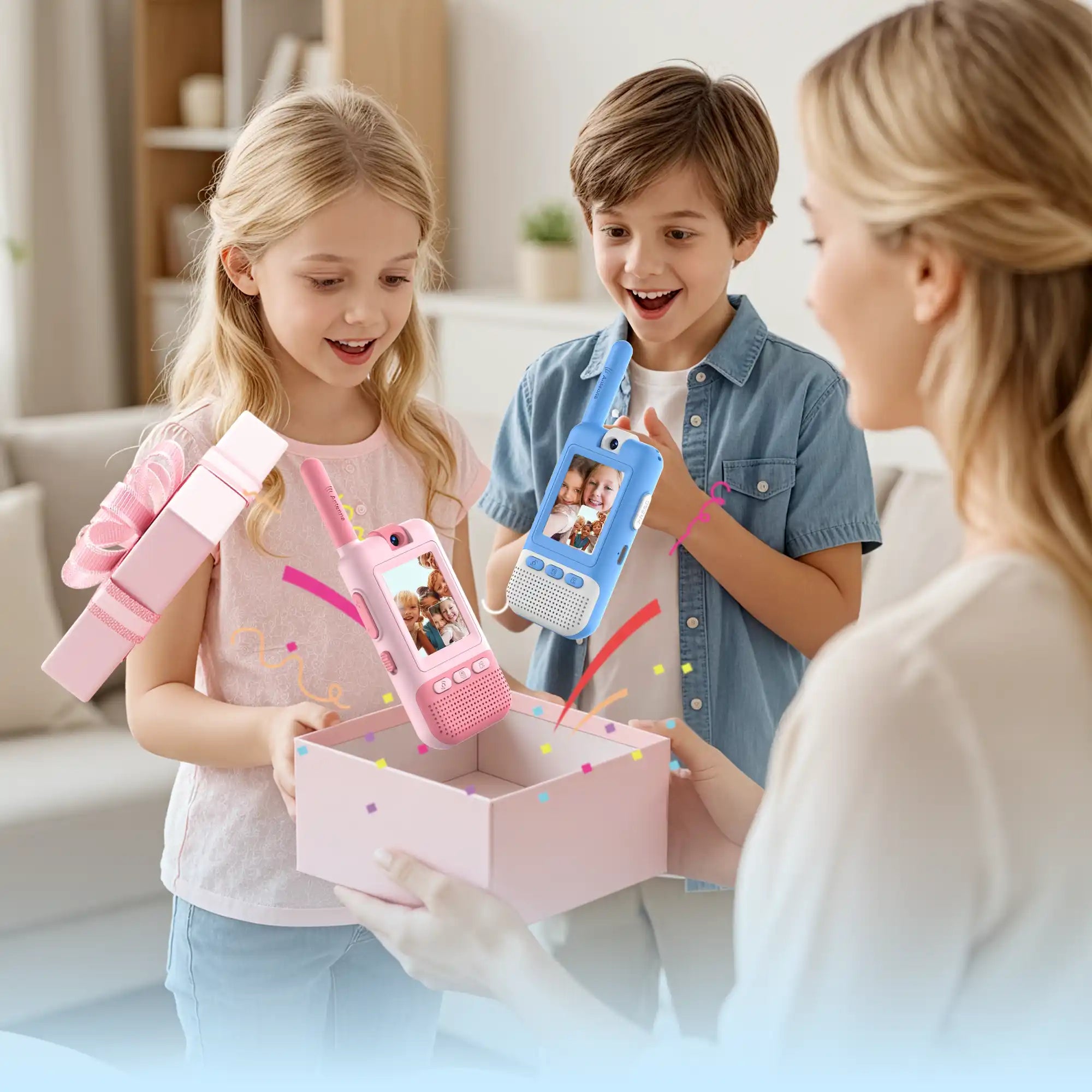 Children and a woman in a living room with toys and a gift box.